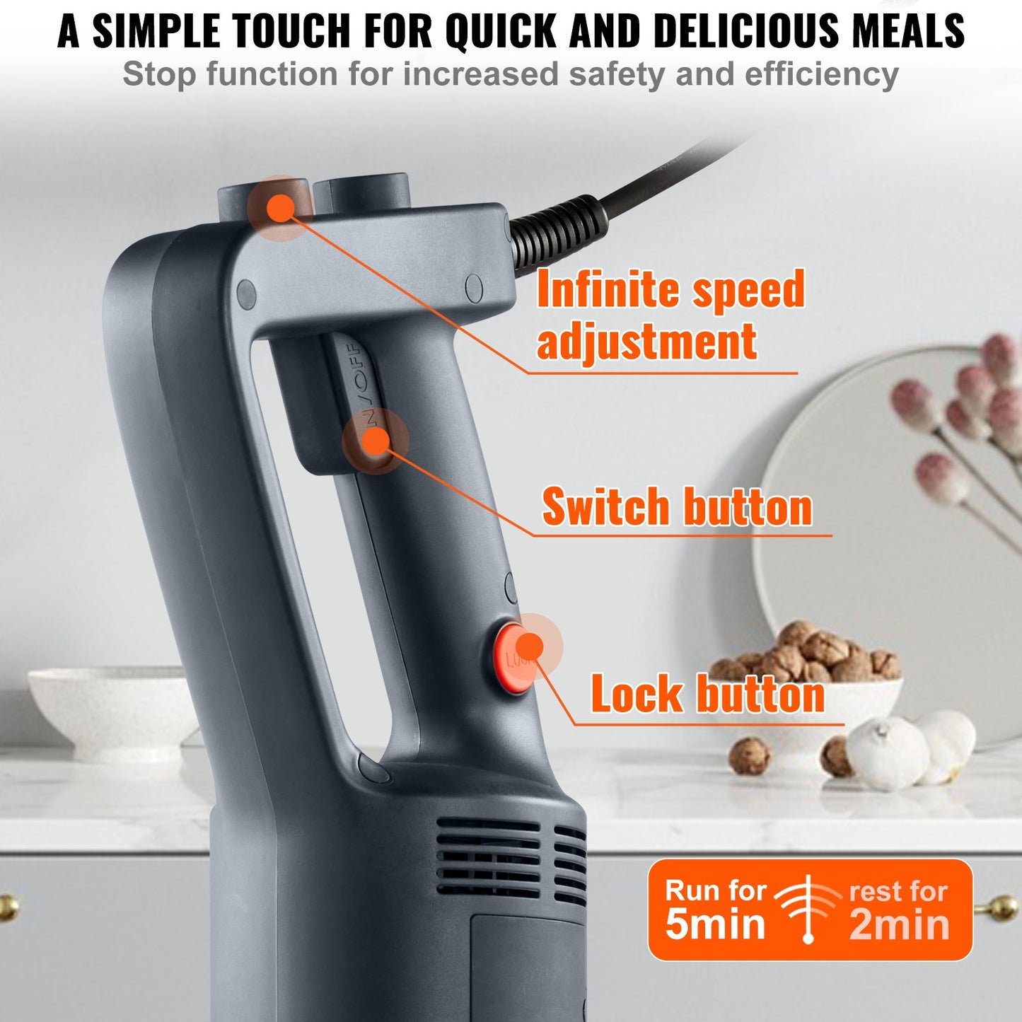 VEVOR Commercial Immersion Blender, 750W 16Heavy Duty Hand Mixer, Variable Speed Kitchen Stick Mixer With 304 Stainless Steel Blade, Multi-Purpose Portable Mixer For Soup, Smoothie, Puree, Baby Food